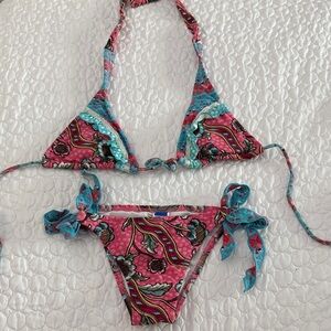 Kids Girls size Large Pink and Blue Patterned bikini triangle top ruffled swim